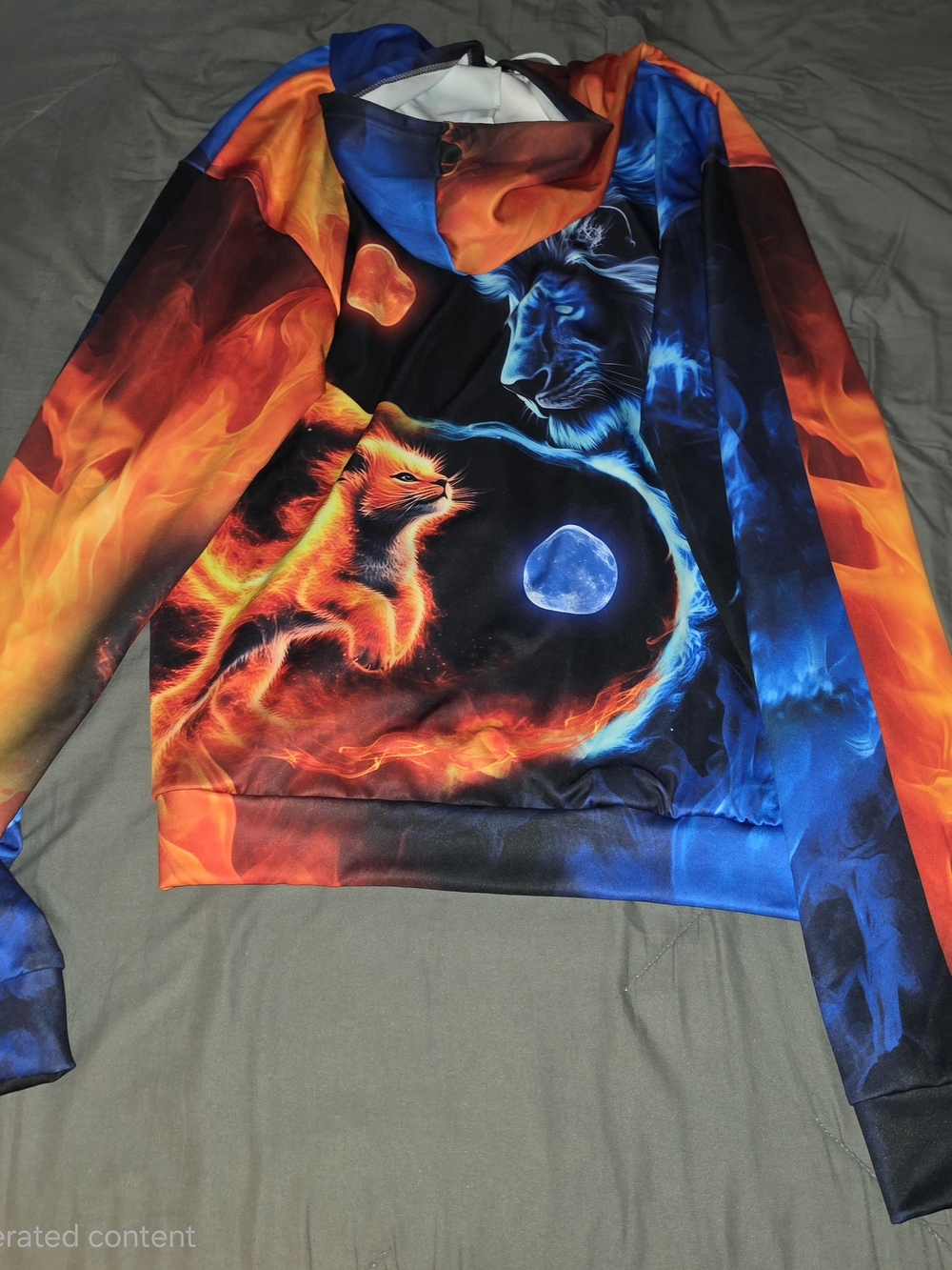 Fire and Ice Yin Yang Lion & Cub Hoodie - Bold Blue & Orange Graphic - Picture 3 of 5